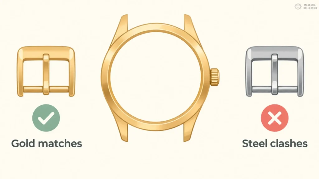Illustration showing a gold buckle matching a gold watch case, with a steel buckle marked as a clash