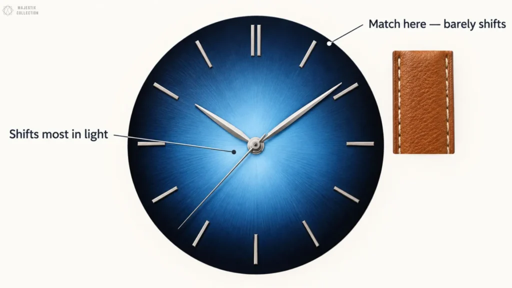 Fumé/sunburst blue dial with callouts: the bright center shifts most in light, the outer edge barely shifts, beside a tan leather strap swatch