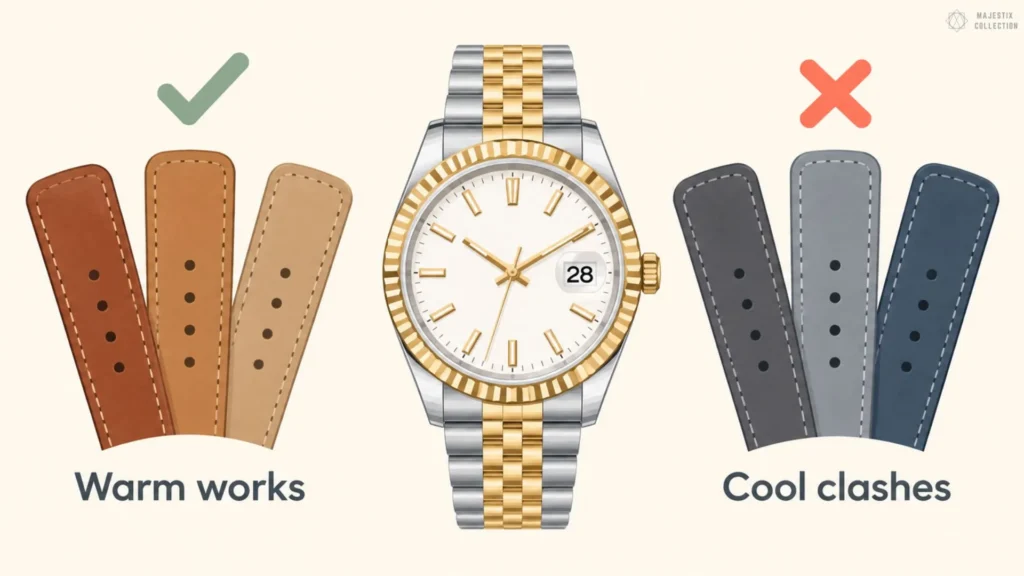 Two-tone Rolex Datejust with warm brown leather straps approved and cool grey and blue straps marked as clashing