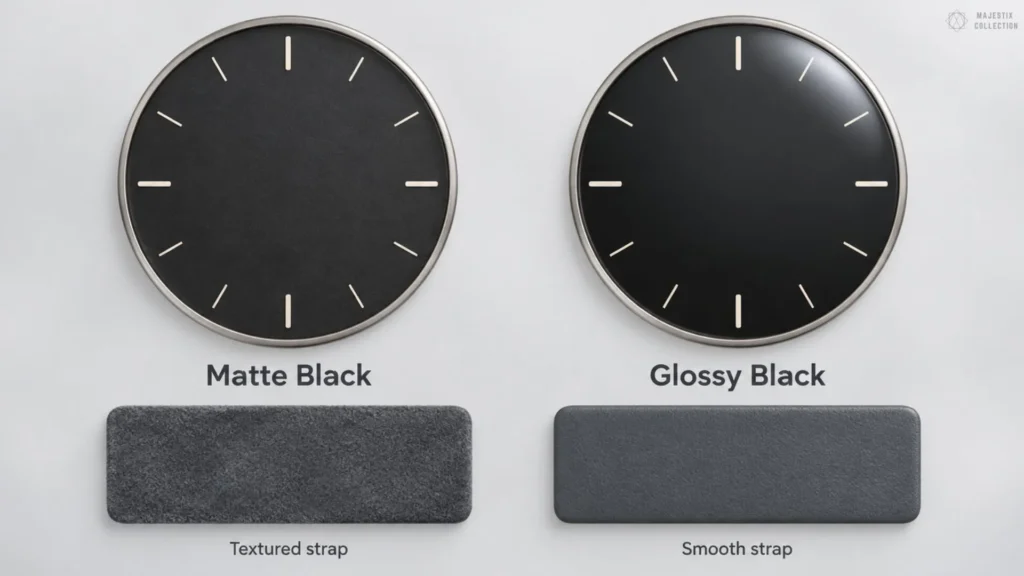 Matte black dial with a textured strap beside a glossy black dial with a smooth strap