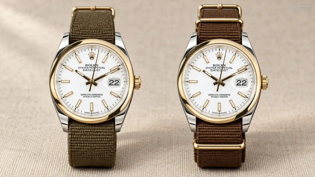 Two two-tone Rolex Datejust watches on olive green and brown NATO straps against beige fabric