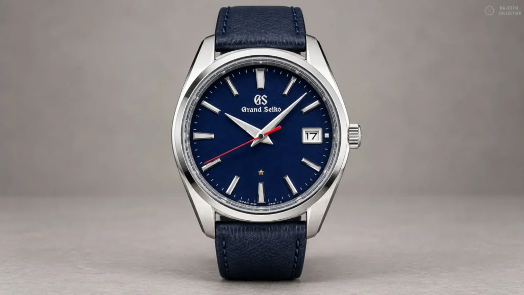 Grand Seiko with blue textured dial and red seconds hand on a navy leather strap