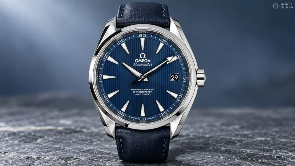 Steel Omega Seamaster Aqua Terra with blue teak-pattern dial on a navy leather strap