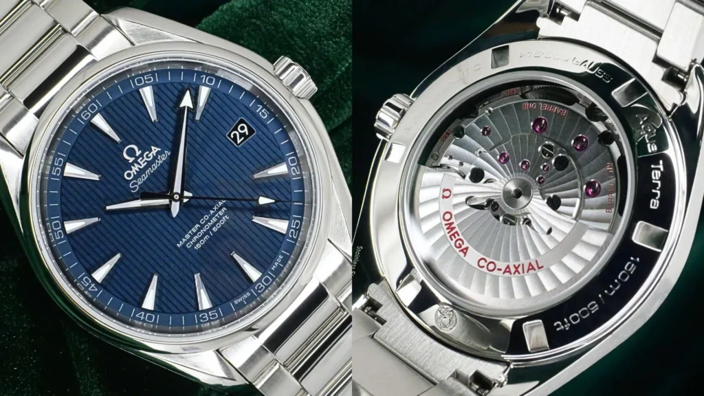 Omega Seamaster Aqua Terra blue teak dial and Co-Axial movement caseback on green velvet