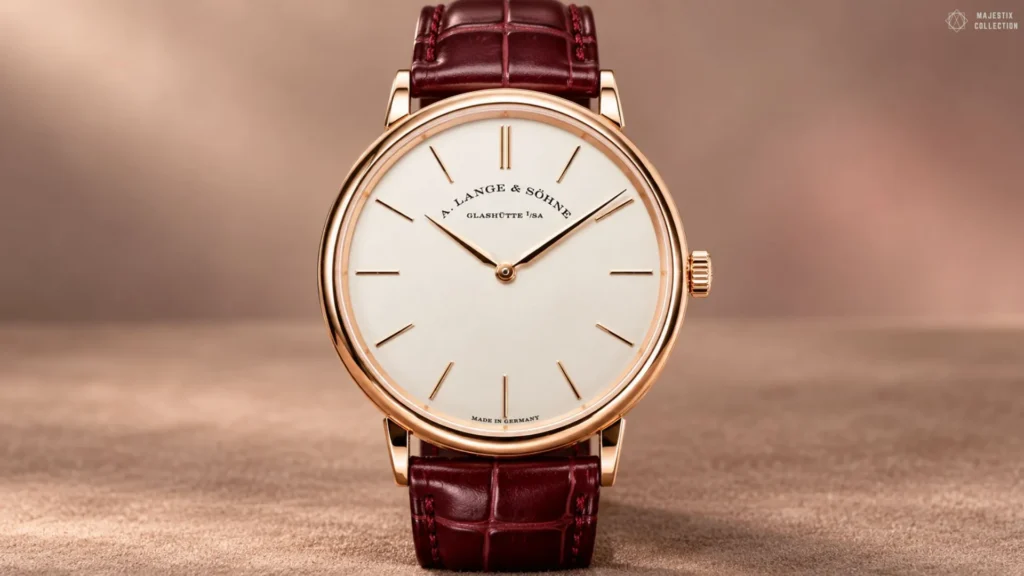 Rose gold A. Lange & Söhne Saxonia Thin with cream dial on a burgundy alligator strap