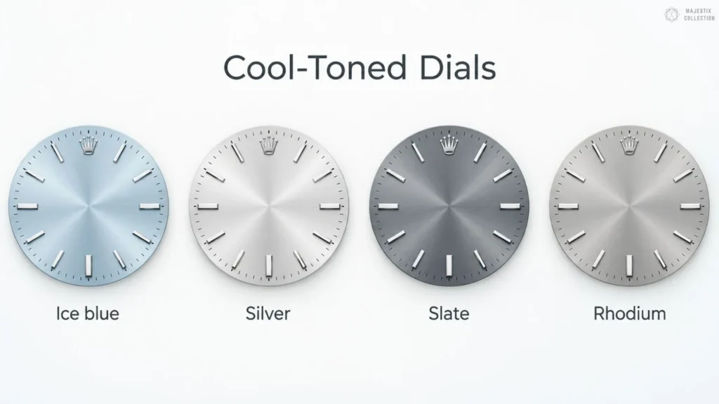 Four cool-toned dials labelled Ice blue, Silver, Slate and Rhodium on a white background