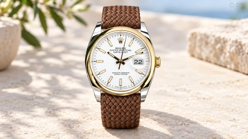 Two-tone Rolex Datejust with white dial on brown woven Perlon strap on sunlit stone