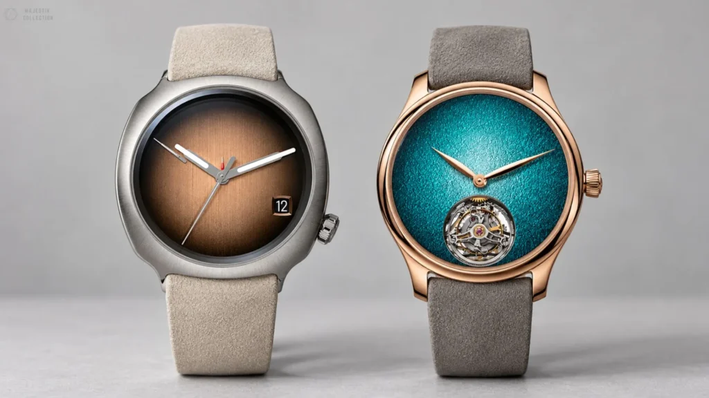 Two fumé watches: steel case with cognac-brown gradient dial and grey suede strap beside a rose gold case with teal tourmaline dial and tourbillon