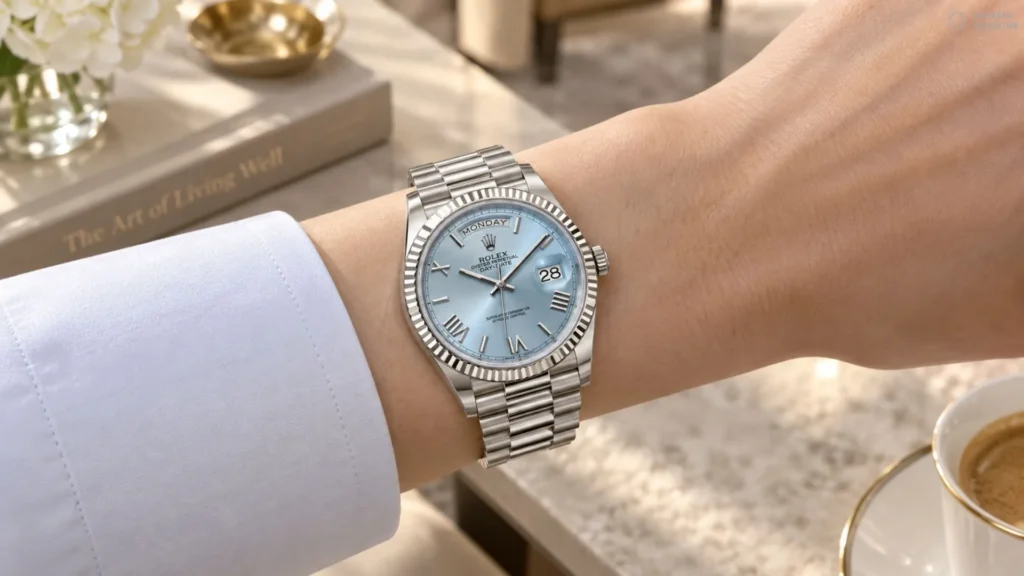 Rolex Day-Date white gold with ice blue dial and Roman numerals worn on wrist with white cuff