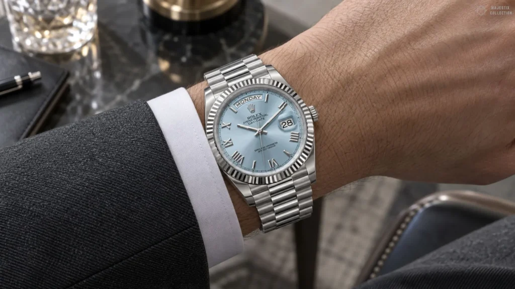 Rolex Day-Date white gold with ice blue dial worn on wrist with charcoal suit and white cuff