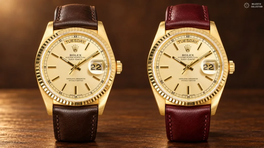 Two yellow gold Rolex Day-Dates with champagne stick dials on dark brown and burgundy leather straps