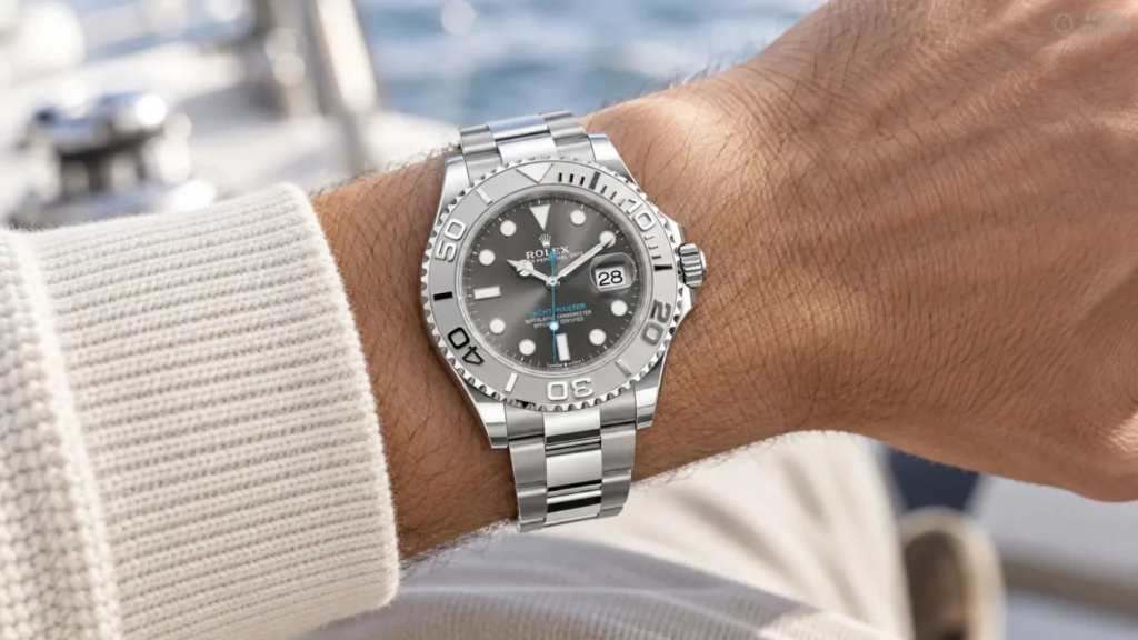 Rolex Yacht-Master with slate grey dial and platinum bezel worn on wrist on a boat by the sea