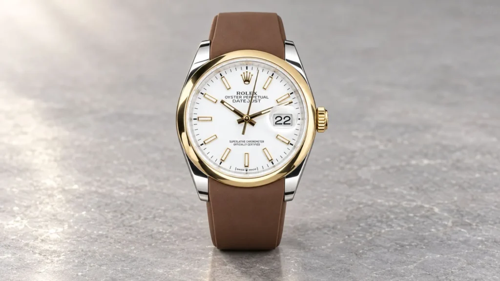 Two-tone Rolex Datejust with white dial on brown rubber strap on grey stone surface