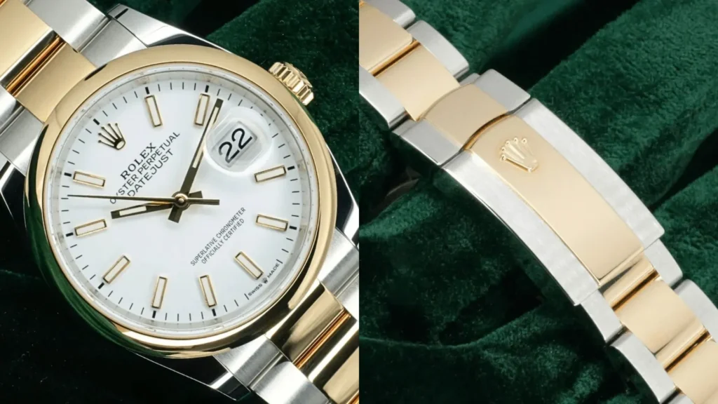 Two-tone Rolex Datejust with white dial and smooth bezel beside close-up of Oyster bracelet clasp on green velvet