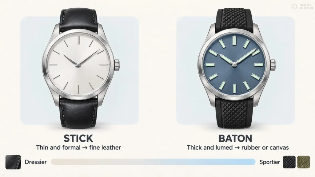 Stick versus baton dial guide: thin silver stick dial on black leather beside a thick lumed baton dial on black rubber