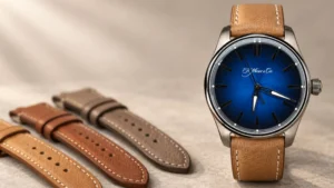 H. Moser & Cie steel watch with blue fum├й dial on a tan leather strap beside two spare brown leather straps