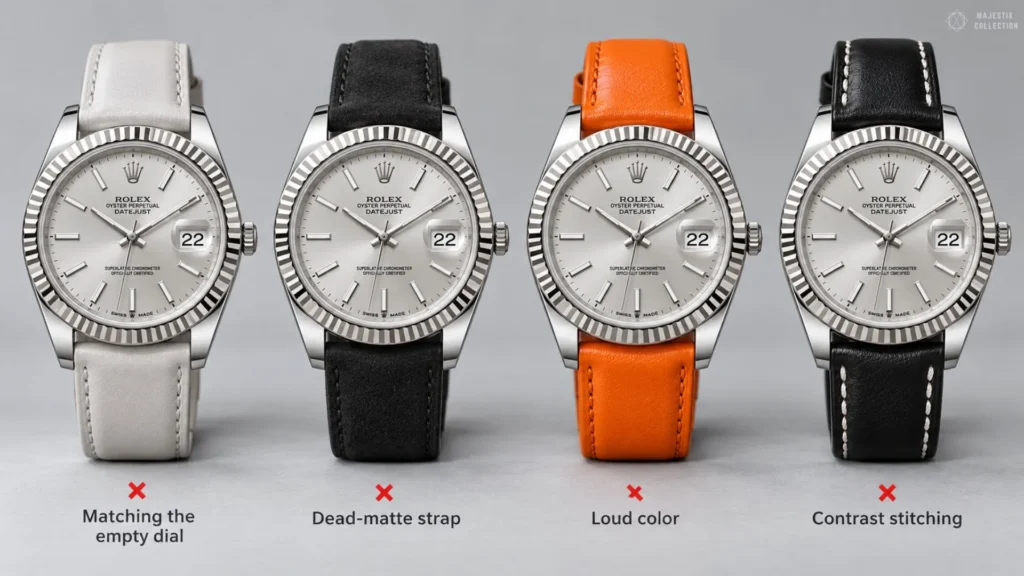 Four white gold Rolex Datejusts with silver dials on grey, black, orange, and black contrast-stitched straps, each marked wrong
