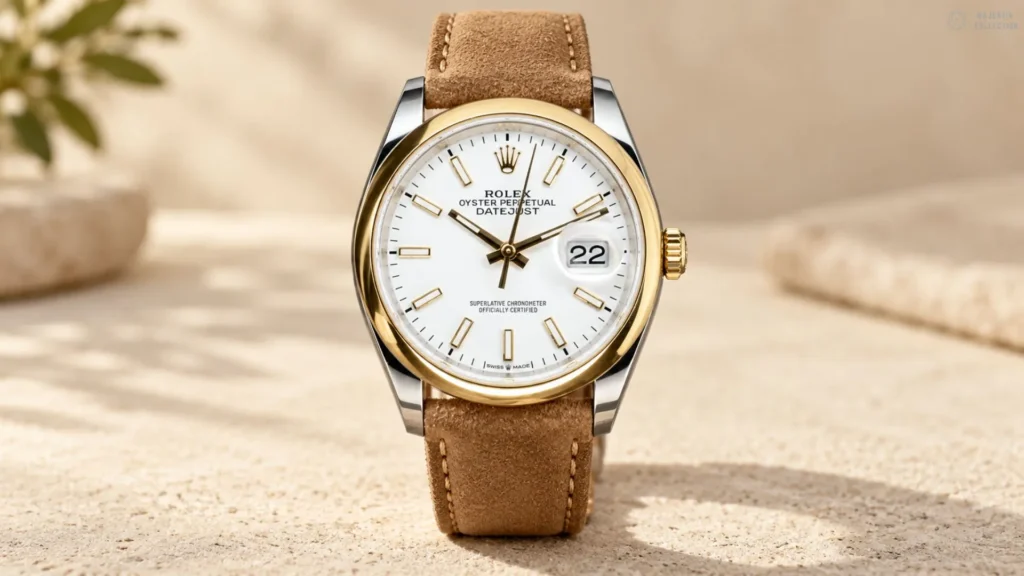 Two-tone Rolex Datejust with white dial on taupe suede strap on sunlit stone