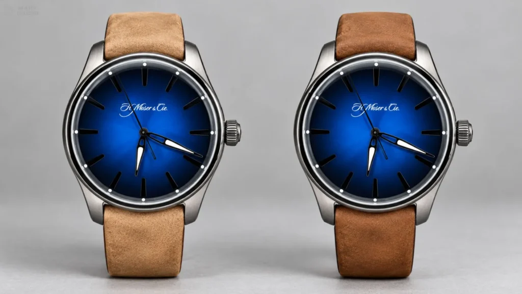 Same H. Moser blue fumé watch shown side by side on a light tan and a darker brown suede strap