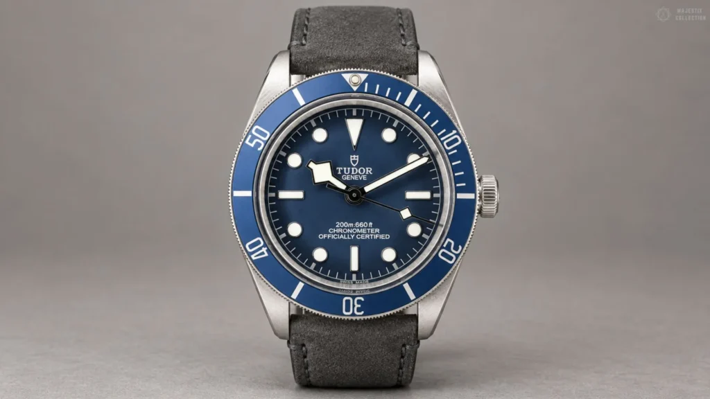 Tudor Black Bay 58 with blue dial and bezel on a charcoal grey suede strap