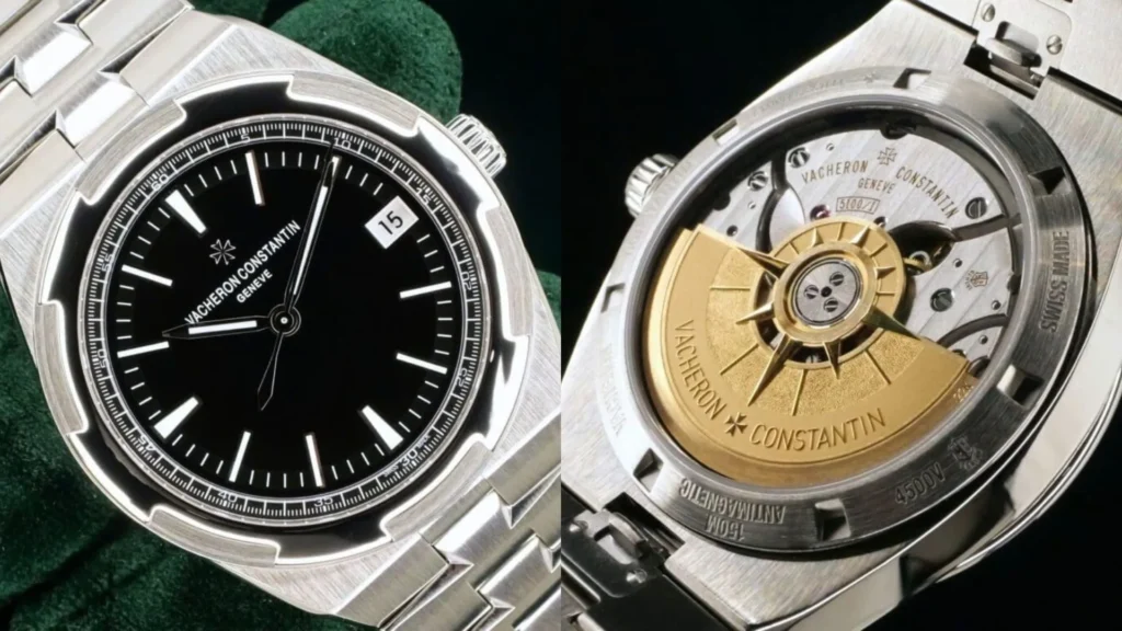 Vacheron Constantin Overseas black dial and gold-rotor movement caseback on green velvet