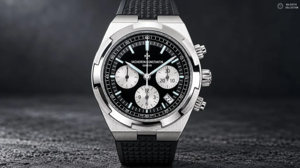 Steel Vacheron Constantin Overseas chronograph with black panda dial on a black rubber strap against a dark background