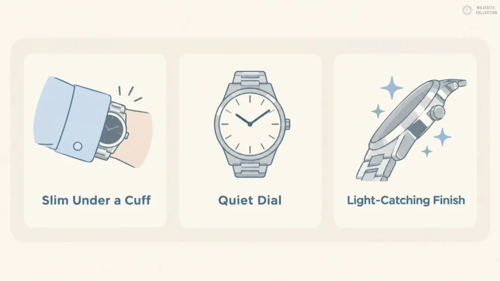 Three trait cards: Slim Under a Cuff, Quiet Dial and Light-Catching Finish on cream background