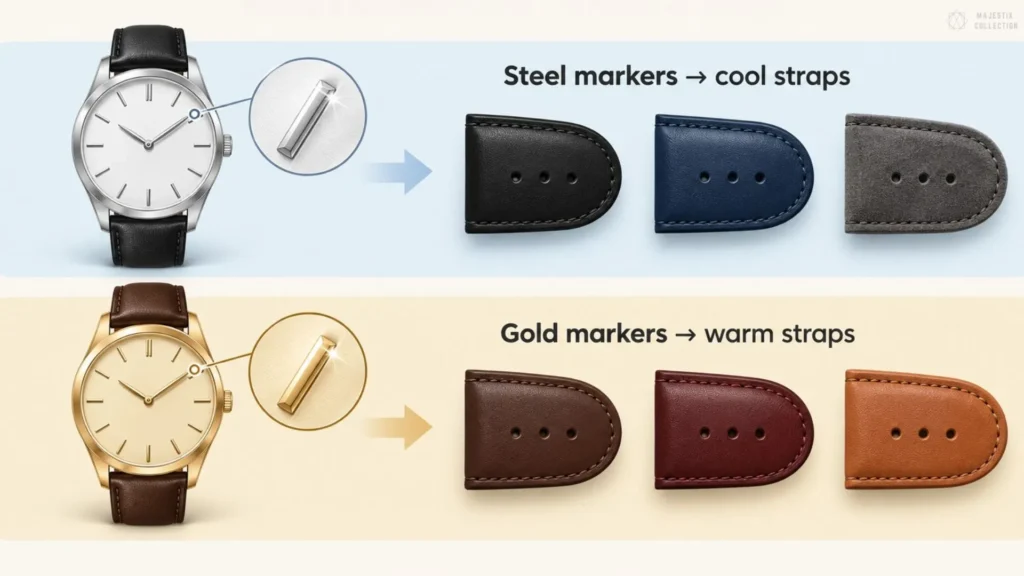 Marker-matching guide: steel markers paired with black, navy, and grey straps, gold markers with brown, burgundy, and tan straps