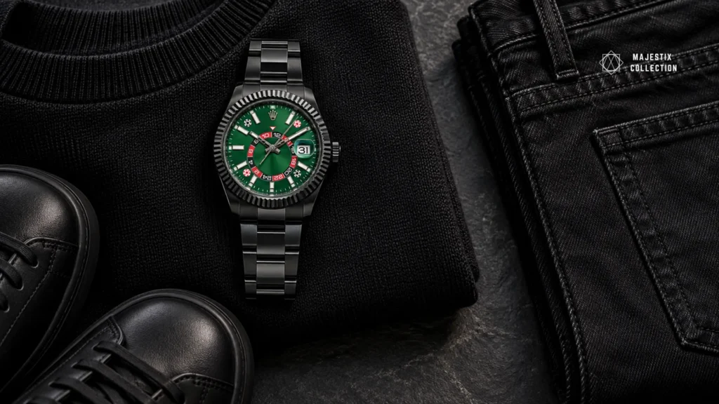 All-black casual outfit with a Blaken black DLC Rolex Sky-Dweller on an Oyster bracelet and green dial