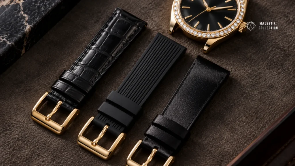 Black alligator, rubber, and satin straps for a gem-set watch, each with an 18K gold buckle