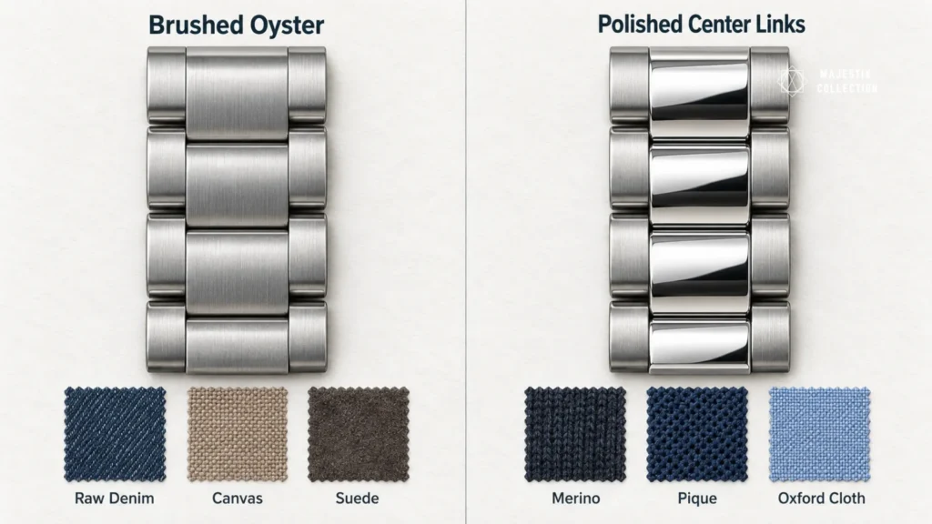 Diagram comparing a brushed Oyster bracelet with a polished center link Oyster bracelet and matching fabrics