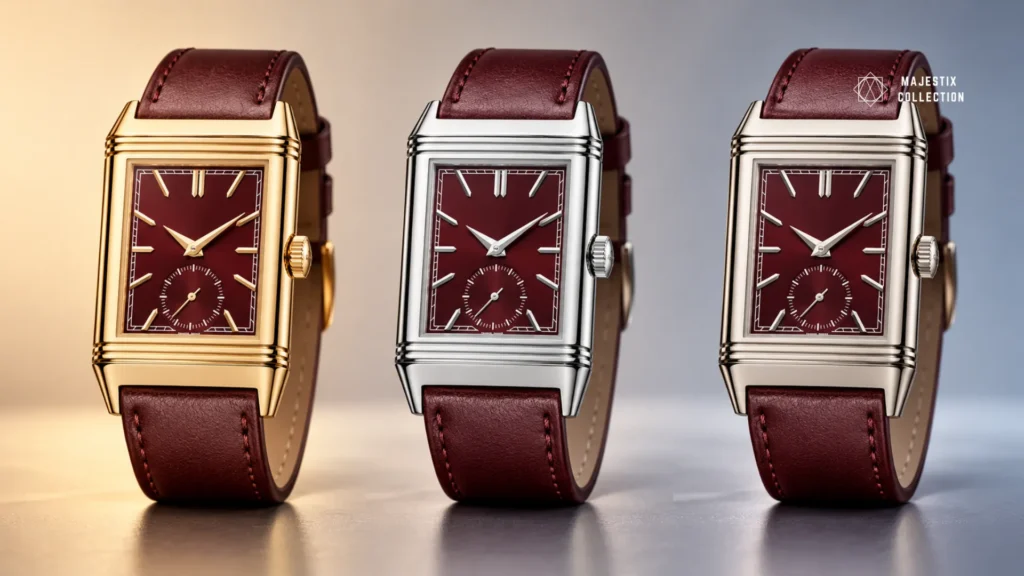 Same burgundy dial watch shown in yellow gold, steel, and white gold to compare case metal