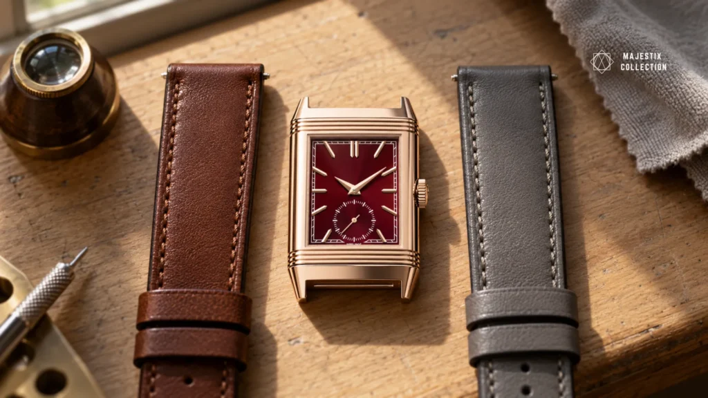 Brown and gray straps laid against a burgundy dial to read its warm or cool undertone