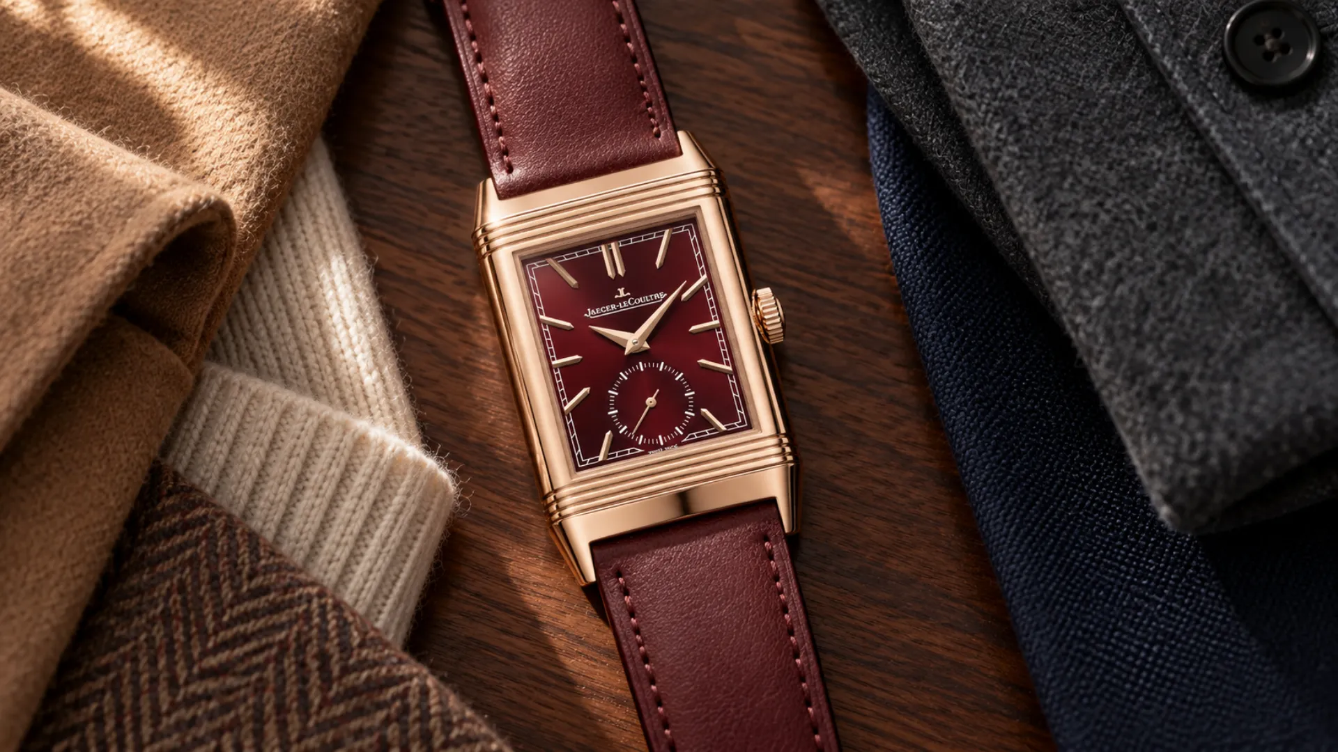 Burgundy dial watch styled with warm and cool wardrobe tones, outfit combinations for a burgundy dial
