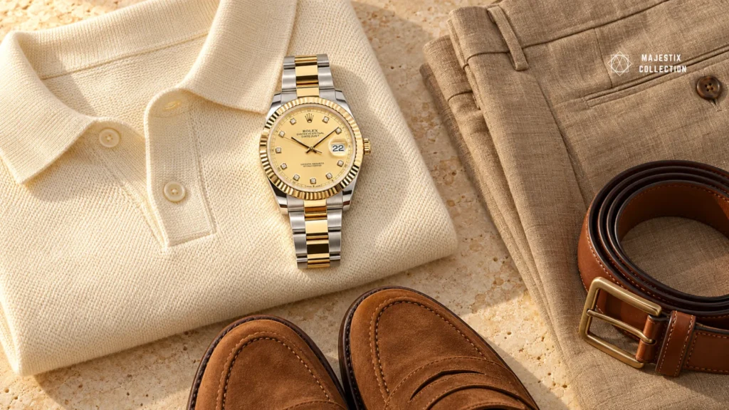 Cream knit polo, tan linen pants, and suede loafers outfit with a two-tone Rolex Datejust on an Oyster bracelet