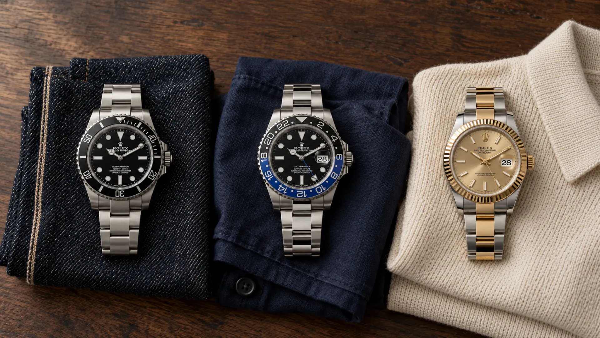 Three Rolex Oyster bracelet watches on raw denim, navy cotton, and cream knit showing casual outfit combinations