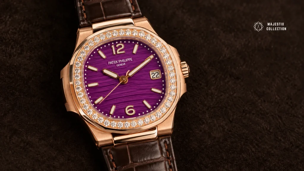 Rose gold diamond bezel watch on a chocolate brown alligator strap with a rose gold buckle
