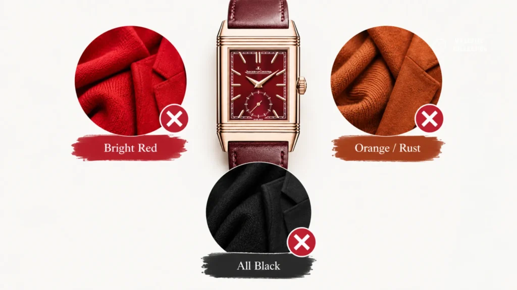 Colors that clash with a burgundy dial: bright red, orange, and head-to-toe black