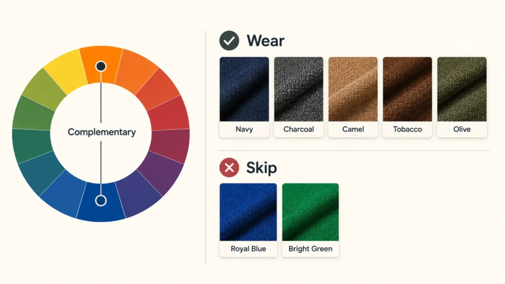 Colors that go with an orange accent watch: navy, gray, camel, brown, and olive swatches