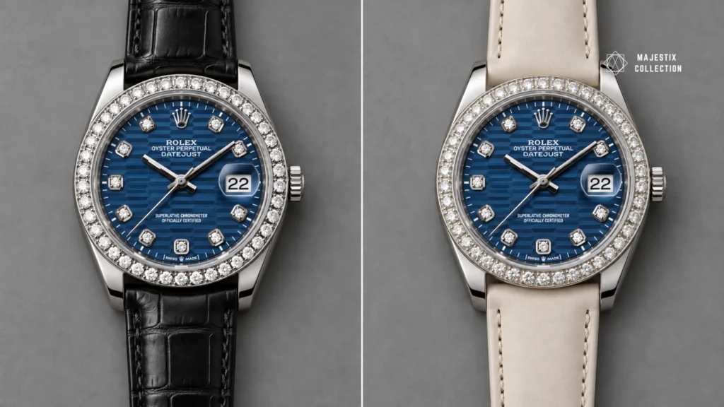Same diamond bezel watch on a black strap and a cream strap, showing which makes the stones brighter
