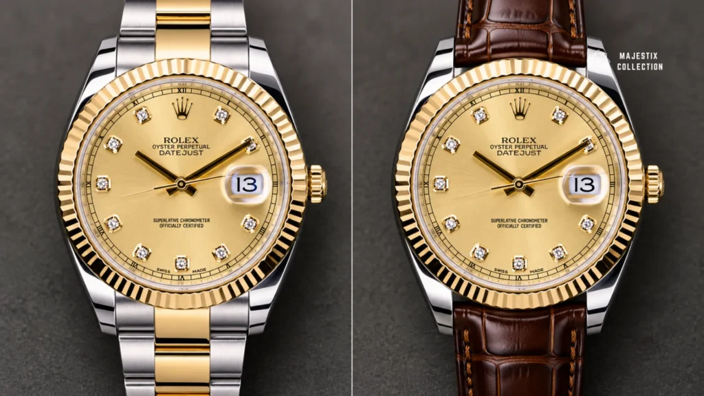 Same gem-set dial watch on a metal bracelet versus a leather strap, dressy versus casual styling
