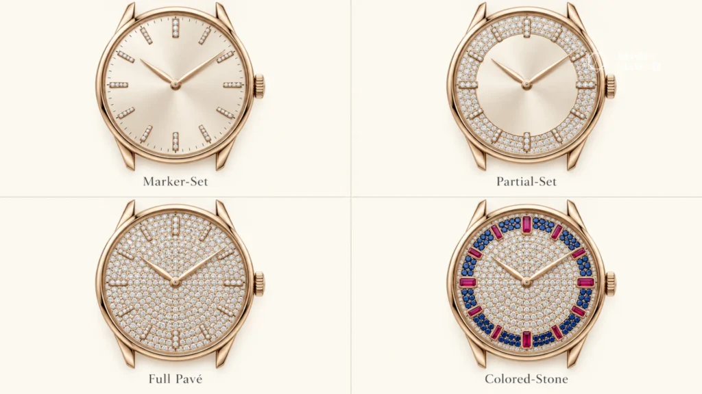 Four gem-set dial coverage types compared: marker-set, partial-set, full pav├й, and colored-stone dials