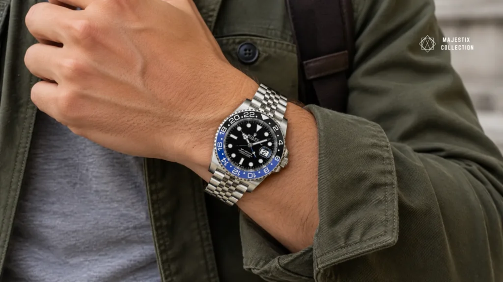 GMT-Master II Batgirl on a Jubilee bracelet worn with an olive overshirt and plain tee
