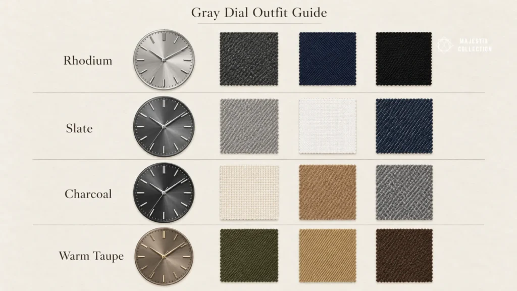 Chart matching rhodium, slate, charcoal and warm taupe watch dials to the outfit colors that suit each