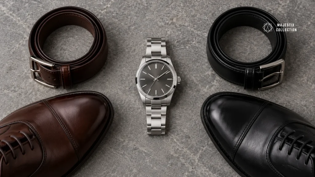 Gray dial watch between dark brown and black leather belts, showing which leather suits a gray dial
