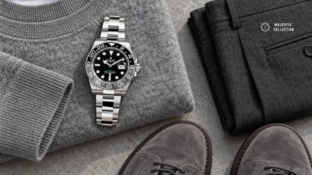 Gray crewneck, charcoal wool pants, and suede shoes outfit with a Rolex Bruce Wayne GMT on an Oyster bracelet