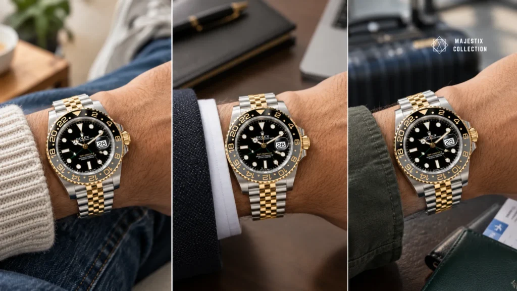 The same two-tone GMT styled three ways: casual weekend, business casual office, and travel outfit