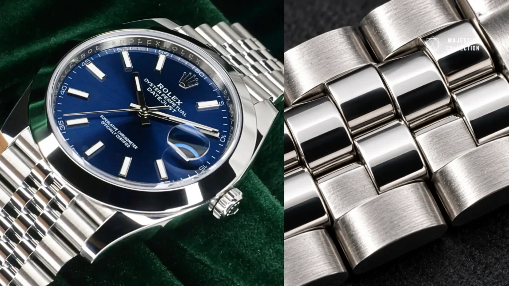 Macro close-up of a Rolex Jubilee bracelet five-link row with brushed outer and polished center links