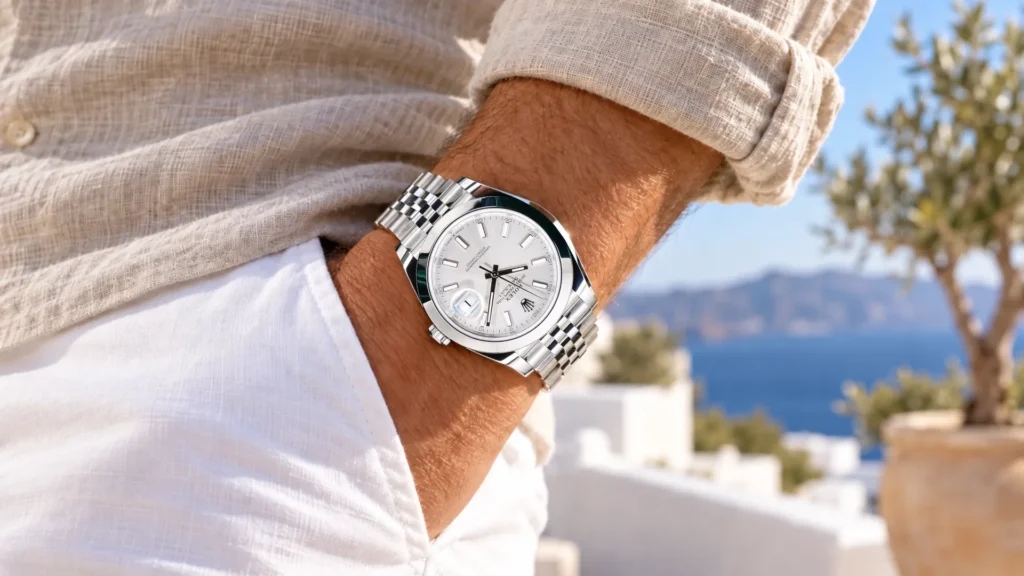 Jubilee bracelet Datejust styled with a rolled-sleeve linen shirt for a summer casual outfit