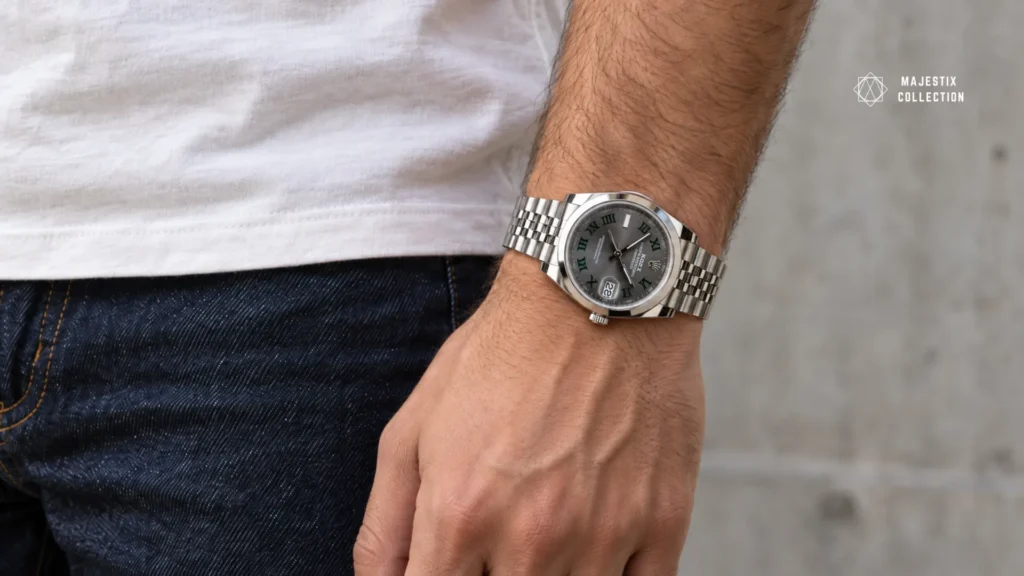 Steel Jubilee Datejust worn with a plain tee and dark denim for a casual outfit